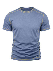 Camiseta de Manga Corta para Hombre, Cuello Redondo, Corte Regular, Color Azul, Ecológica, con Bloques de Color en Contraste, Tejido de Punto, Color Sólido, Estilo Casual - Product Image 3