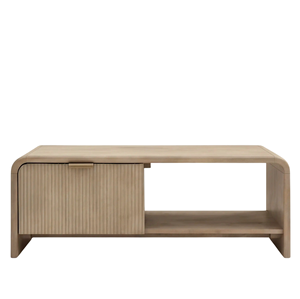 Table basse artisanale en bois de manguier massif, de forme carrée et courbée, avec un tiroir de rangement à motif cannelé, pour la maison, le bureau ou le salon - Product Image 2