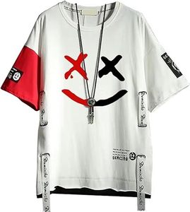 T-shirt blanc à manches courtes et col rond pour homme avec imprimé de dessin animé, taille plus, style streetwear, jersey en coton tricoté - Product Image 1