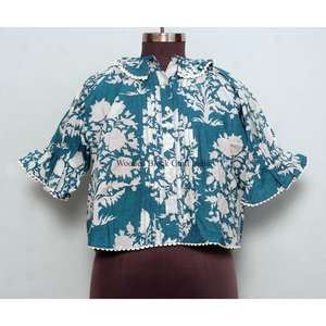 Túnica Moderna con Estampado Floral, 100% Algodón Lavable, Estilo Casual Femenino, Cuello Mandarín con Volantes, Manga Media, Mini - Product Image 1