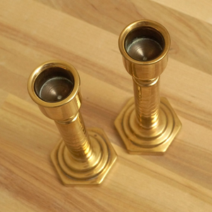 Vintage Solid <b>Brass</b> Small Candle Holder Pair Hexagon Base Decorative <b>Brass</b> <b>Candlestick</b> Stands Compact Taper Candle Holders - Product Image 3