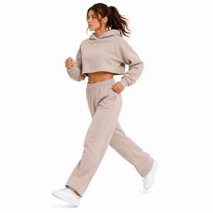 Ensemble de survêtement 2 pièces beige pour femme, sweat à capuche et pantalon long en molleton de coton uni, coupe ample, manches longues, avec poches - Product Image 3
