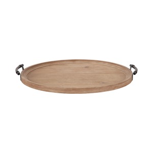 Plateau de service rond en bois avec poignées noires, design minimaliste, couleur unie, vaisselle et assiettes - Product Image 5