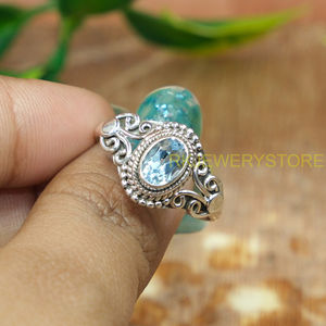 Natural Blue Topaz Gemstone 925 Sterling <b>Silver</b> Handmade Vintage <b>Boho</b> Filigree Statement <b>Ring</b> for Women Oval Cut Sky Blue Stone - Product Image 2