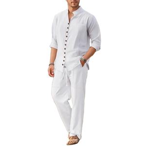 2025 primavera y otoño estilo cubano moda camisa de hombre tendencia casual multibotón cuello alto pantalones sueltos de manga larga traje de playa - Product Image 2