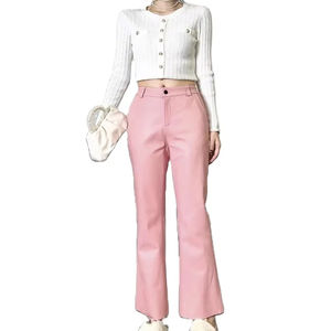 Pantalones de cuero genuino para mujer, pantalones elásticos con cintura elástica, ajustados hasta el tobillo, pantalones acampanados elegantes de piel de oveja para oficina, M-4XL - Product Image 1