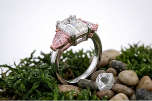 Luxury Emerald with Fancy Pink Trillion Side Lab Grown Diamond Engagement <b>Ring</b> <b>Statement</b> <b>Ring</b> for Women | Special event Party - Product Image 3