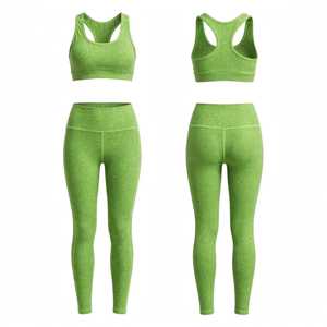Women's High Quality 3 Piece Yoga Set Green Scoop Neck Crisscross Strap Racerback Crop Top <b>Low</b> <b>Waist</b> Full Length <b>Leggings</b> Front - Product Image 4