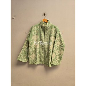 Blazer vert à col mandarin, manches longues, motif floral brodé à la main, veste en coton pour femme, saison printemps - Product Image 6