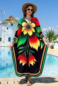 Robe longue florale à col en V, manches trois-quarts, coupe ample, style bohème, vêtements de plage pour femmes, polyester léger - Product Image 2