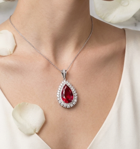 Luxury Pear Cut Lab <b>Ruby</b> Gemstone and Lab Grown Diamond Pendant <b>Necklace</b> Halo Diamond <b>Necklace</b> for Women Wedding Jewelry - Product Image 1