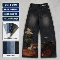 Jean cargo Y2K ample, personnalisé, de luxe, de créateur, surdimensionné, délavé au soleil, vintage, vieilli, avec broderie 3D et motifs graphiques intégraux, OEM