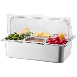 6-Pan Stainless Steel Countertop Food Serving <b>Tray</b> <b>Buffet</b> Condiment Dispenser Display Rack Clear <b>Lid</b> 3 Freezer Restaurant Hotel - Product Image 1