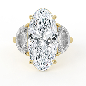 14K 18K Solid Yellow Gold Lab Grown Diamond <b>Ring</b> Oval Cut Center Half <b>Moon</b> Side Stone Trilogy Three Stone Engagement Band - Product Image 2