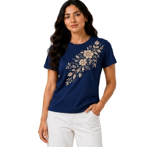 T-shirt en coton bleu roi pour femme, col rond, broderie florale beige, manches courtes, décontracté, personnalisé, OEM, premium, mode estivale - Product Image 1