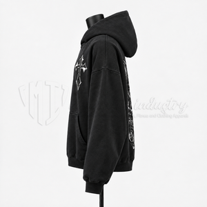Men's <b>Black</b> Gothic Hooded <b>Sweatshirt</b> Oversized Cotton Fleece Cross Print Left Sleeve Pocket Design Autumn Streetwear - Product Image 5