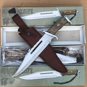 Cuchillo Bowie de Hoja Fija para Caza, Mango de Palisandro, Funda de Cuero, Supervivencia en la Naturaleza, Acero al Carbono, Borde Parcialmente Serrado - Product Image 4