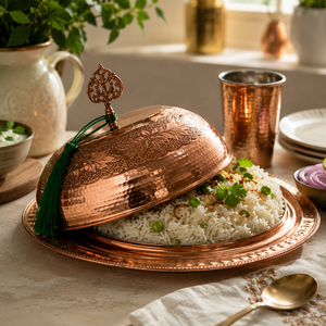 Handmade Pure Copper Food Serving <b>Tray</b> <b>with</b> Dome <b>Lid</b> | Hammered Copper Serving Platter <b>with</b> Cover | Luxury <b>Buffet</b> Food Warmer - Product Image 4
