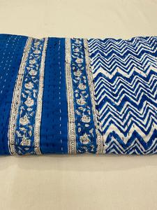 Blue Cotton Kantha <b>Quilt</b> With Marine Zig Zag Pattern Hand Block Printed Eco-Friendly Home Decor <b>Throw</b> Cover All-Season - Product Image 2