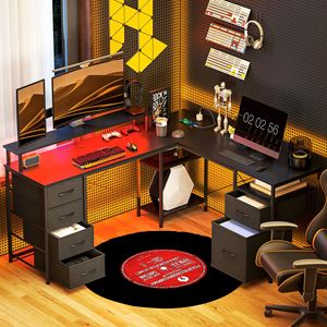 66\" Distressed Black Reversible L Shaped Computer Desk <b>Corner</b> Desk with File Drawer Power Outlets <b>LED</b> <b>Lights</b> for Laptop Use - Product Image 2