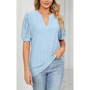 T-shirt casual estiva da donna con scollo a V e maniche corte plissettate - Product Image 5