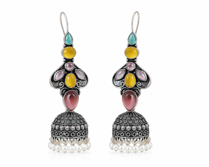 Wholesale Supplier <b>Oxidized</b> Silver Jhumka Earrings | Multicolor Stone Fashion Dangle Earrings - Product Image 1