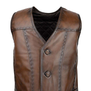 Gilet en cuir véritable pour homme, col en V, fermeture à boutons, couleur unie, vêtement d'extérieur décontracté, style automne - Product Image 1