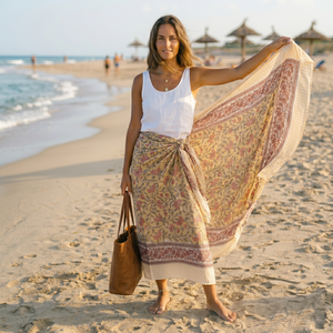 Indian Hand Block Print Long Cotton <b>Sarong</b> Pareo Scarf Floral Beach <b>Wrap</b> Lightweight Breathable Women Swimwear Cover Wholesale - Product Image 5
