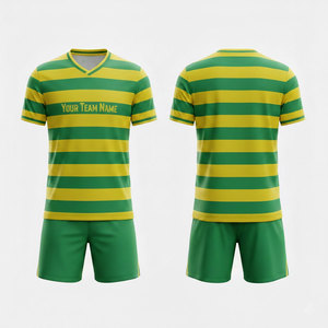 Custom Sublimated <b>Soccer</b> Jersey Set Men's Green Yellow Striped V-Neck Short Sleeve Moisture Wicking Uniforms Adult Size - Product Image 1