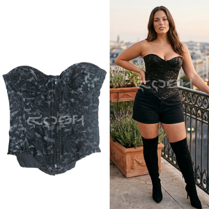 Corset en organza noir à lacets, sans bretelles, décolleté cœur, avec armatures en acier et fermeture éclair sur le devant, idéal pour les soirées, les mariages et la mode. - Product Image 1