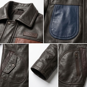 Abrigo de Cuero Genuino para Hombre, Color Marrón Oscuro, Diseño Personalizado con Bloques de Color, Bolsillo en el Pecho, Cuello Plegable, Largo Medio, Fabricante B2B - Product Image 6