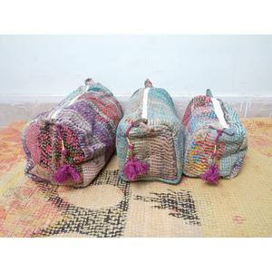 Indian Kantha Hand Block Print Cotton Eco-Friendly Portable Cosmetic Bag Set Tassel Zipper Closure Vintage Style Women's Travel - Product Image 2