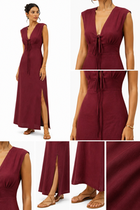 Vestido largo de lino OEM personalizado para mujer, color rojo vino, con cuello en V, lazo frontal, sin mangas, abertura alta, informal, de verano, para playa - Product Image 5
