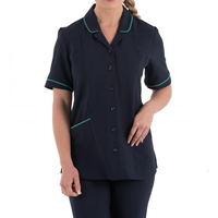 Tunique blanche à manches courtes pour femmes, bordure marine, respirante, en coton/polyester/spandex, uniforme pour esthéticiennes, infirmières, personnel hôtelier