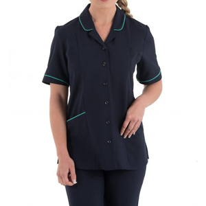 Tunique blanche à manches courtes pour femmes, bordure marine, respirante, en coton/polyester/spandex, uniforme pour esthéticiennes, infirmières, personnel hôtelier - Product Image 5