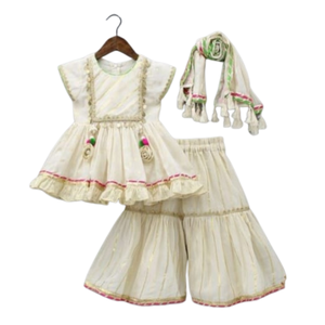 Conjunto Sharara color crema para niñas con dupatta – Traje de fiesta étnico de diseñador - Product Image 3