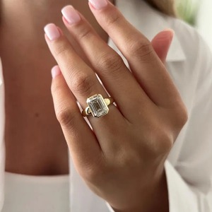 Unique Design Emerald Cut Lab Grown <b>Diamond</b> <b>Ring</b> 18K Yellow Gold Bezel Setting IGI Certified Trendy Engagement Wedding Jewelry - Product Image 3