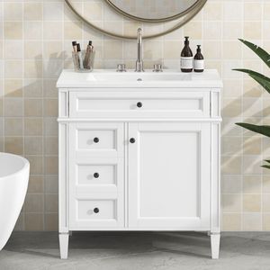 Modern 30\" Bathroom Vanity with Top <b>Sink</b> 2 Drawers and Tip Drawer Single <b>Sink</b> Bathroom <b>Storage</b> Cabinet - Product Image 4