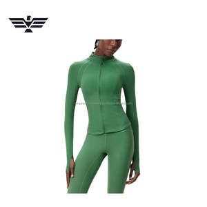 Ensemble de vêtements de sport respirant uni pour femmes, veste de sport zippée sans couture et leggings taille haute avec logo sur le devant - Product Image 5