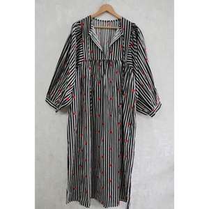 Vestido Maxi de Algodón para Mujer, Estampado en Bloques, Cuello en V, Mangas Abullonadas, Hecho a Mano, Formal, para Verano, Ligero, Transpirable, Tela Natural - Product Image 1