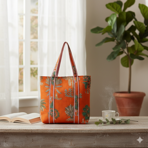 Premium Orange Quilted 100% Cotton <b>Medium</b> Size Tote <b>Bag</b> Long Handle Nature-Inspired Print Lightweight Travel Shopping <b>Bag</b> - Product Image 2