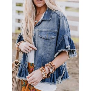 Chaquetas vaqueras con estampado gótico de moda para mujer 2025 Y2K abrigo de manga corta con botones y decoración de diamantes estilo lavado con volantes - Product Image 6