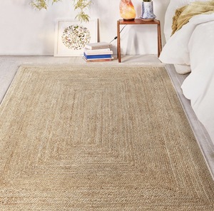 Tapis d'intérieur uni en jute naturelle tissé à la main à poils ras avec bordure décorative, écologique et résistant, pour salon et chambre à coucher - Product Image 3