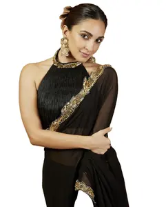 Bollywood phong cách bên mặc georgette với sequins thiết kế Saree với chuỗi Ren biên giới