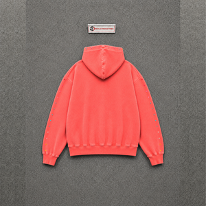 Sweat à capuche oversize rose corail effet vieilli avec clous colorés, poche avant, manches classiques, style moderne streetwear - Product Image 6