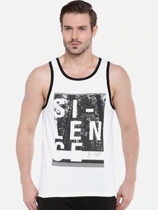 Men's White Cotton Tank Top With Black Trim And Front Letter Print Casual Sleeveless O-Neck Design Breathable Knitted Style - Product Image 1