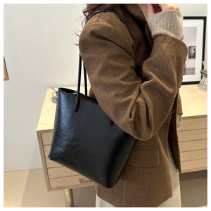 Bolso de Hombro de Cuero Genuino Negro, Textura Lichee, Diseño Minimalista, Parte Superior Abierta, Dos Correas de 50-65 cm de Largo, Uso Diario en Todas las Estaciones - Product Image 6