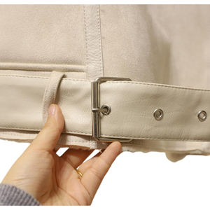 Women's Finished Faux Shearling Biker <b>Jacket</b> Solid Windproof Breathable Thin Zipper Closure Winter Warm <b>Suede</b> Coat ODM Wholesale - Product Image 4