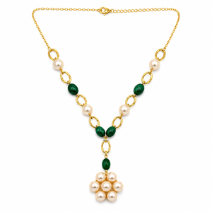 Custom Rhodium Plated Necklace Green <b>Emerald</b> Bead Pearl Station Oval Link Flower Cluster <b>Pendant</b> Fine Women Luxury Gift Jewelry - Product Image 3