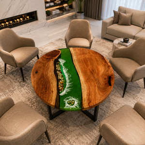 Luxury Modern Eco-Friendly Round Green <b>Epoxy</b> Resin Handmade River <b>Table</b> Top | Custom Dining Coffee <b>Table</b> Top - Product Image 1